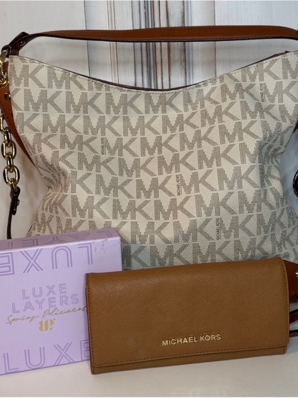 Michael Kors Vanilla  Logo Hobo Shoulder Bag, MK Brown Wallet and Necklace